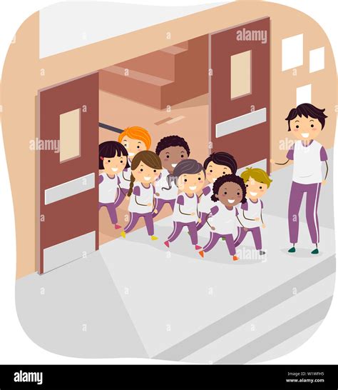 Illustration Of Stickman Kids In Pe Uniform Going Out Of The Gym With
