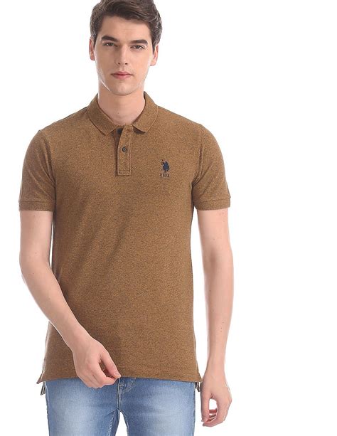 buy men brown ribbed neck heathered polo shirt online at