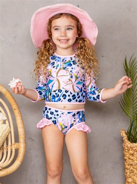 Girls Sitting Poolside Rash Guard Two Piece Swimsuit In 2021 Girls Outfits Tween Bathing Suit