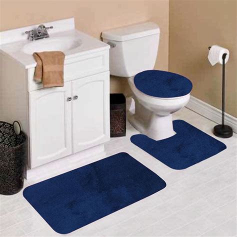6 navy blue 3 piece egyption design bathroom mat set plain embossed large rug 19 x 30