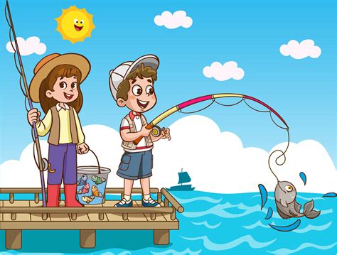 Kids Fishing In The Sea Cartoon Vector 21725851 Vector Art At Vecteezy