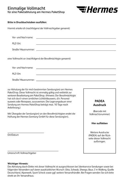 Vollmacht für die abholung erteilen. Kaufhaus Bergmann HERMES-Paketshop