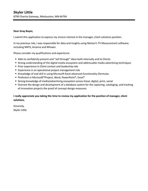 Manager, Client Solutions Cover Letter | Velvet Jobs
