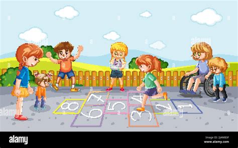 Happy Children Playing Hopscotch On Playground Illustration Stock