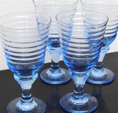 Vintage Libbey Drinking Glasses Blue Ribbed Beehive Glass