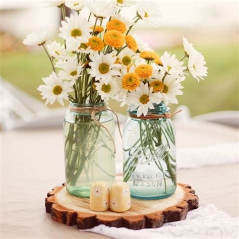 Daisies In Mason Jars With Raffia 1500can Add The Woodcuts Too But