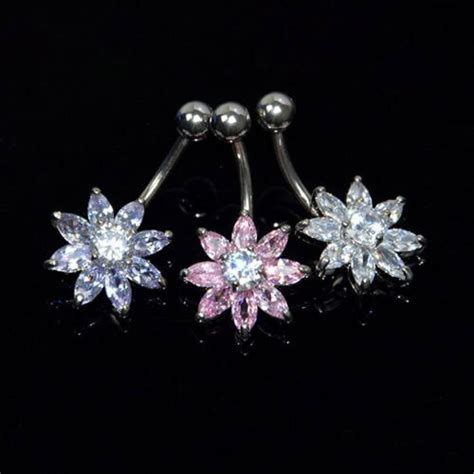 Flower Dangle Belly Button Rings Crystal Rhinestone Jewelry 14g Barbell Navel Bar Body Piercing