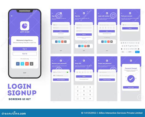 Mobile Login Screens Ui Kit With Smartphone Stock Illustration Image