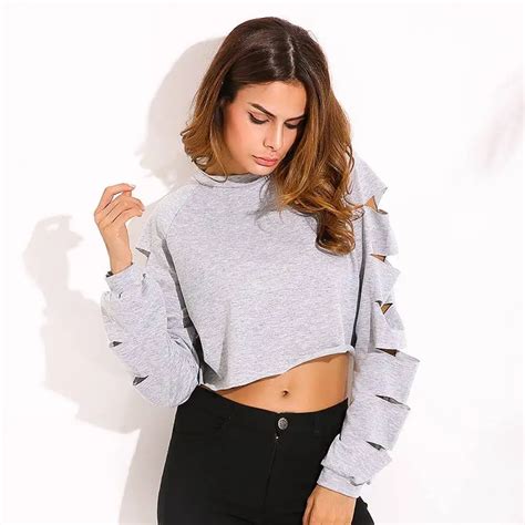 Crop Hoodies Sweatshirts Women Sexy Ripped Hollow Out Hooded Ladies Casual O Neck Long Sleeves
