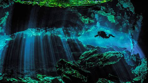 Download Scuba Diving Cave Light Rays Wallpaper