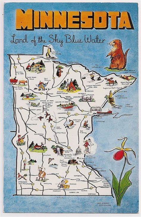 Retro Minnesota Tourist Map Souvenir Postcard Vintage Maps Vintage