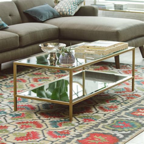 Contemporary Glam Metal Glass Metallic Gold Coffee Table Cocktail Table W Shelf Tables
