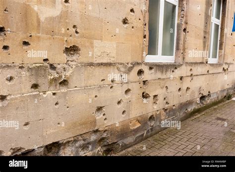 World War Ii Bomb Shrapnel Damage From 1942 To The Exterior Of A