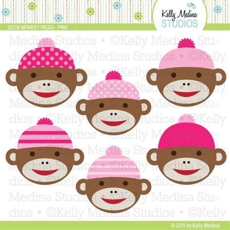 Sock Monkey Faces Pink Clip Art Set Digital Elements