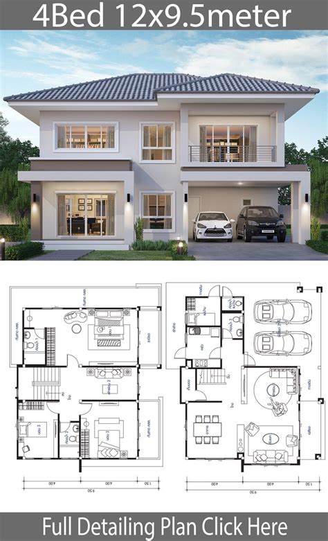 2 Story 4 Bedroom House Plans Modern Design House Design Plan 9×12 5m