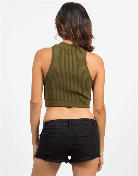 Ribbed Mock Neck Cropped Top Olive Green Crop Top 2020ave
