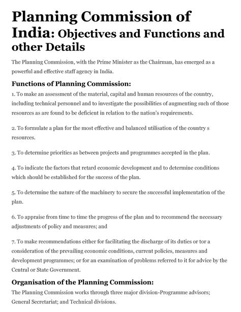 Planning Commission Of India Objectives Functions Of Planning