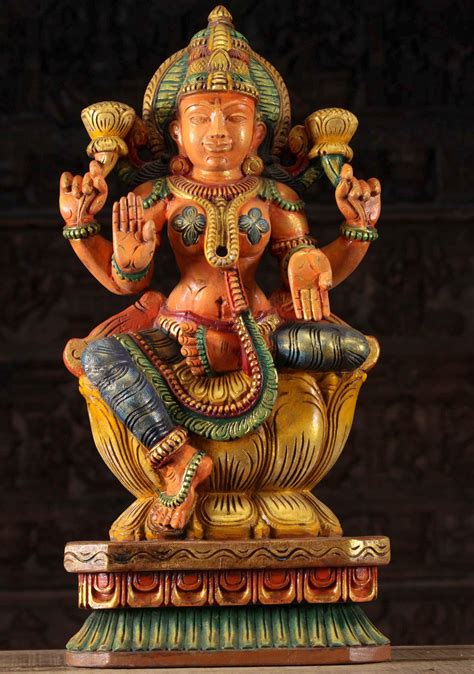 Wooden Goddess Of Wealth Lakshmi Statue Goddess Statue Statue Lotus Sculpture