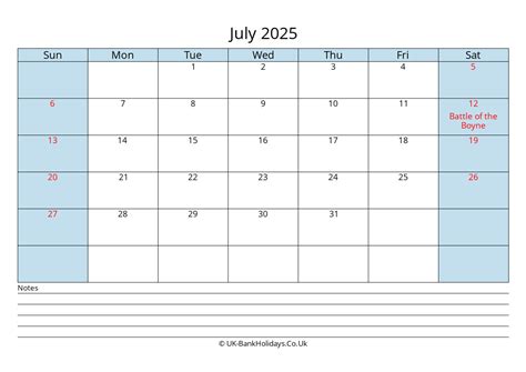 July 2025 Calendar Printable With Bank Holidays Uk