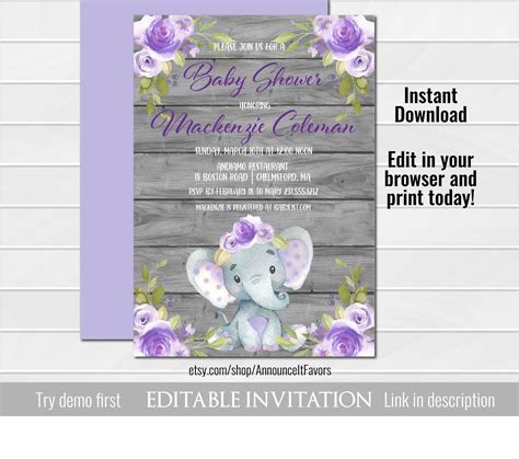 Purple Elephant Baby Shower Invitation Elephant Baby Shower Invites