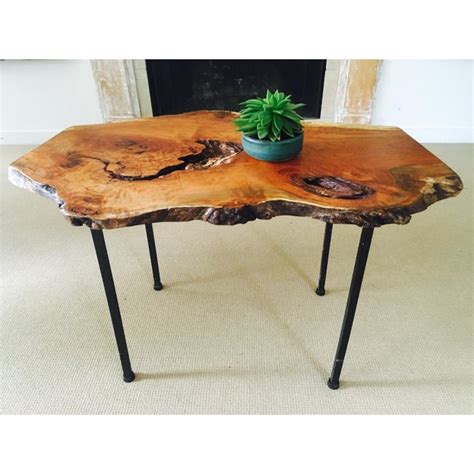 Then complete the process of preparation of wood slab coffee table with two coats of clear including slab where is cut the skin with a brush urethane sealant foam. Raw Edge Cherry Burl Coffee Table | Chairish