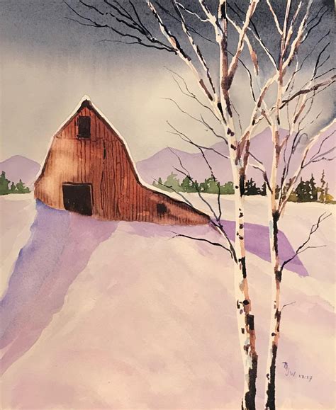Red Barn Original Watercolor Painting Winter Landscape Etsy