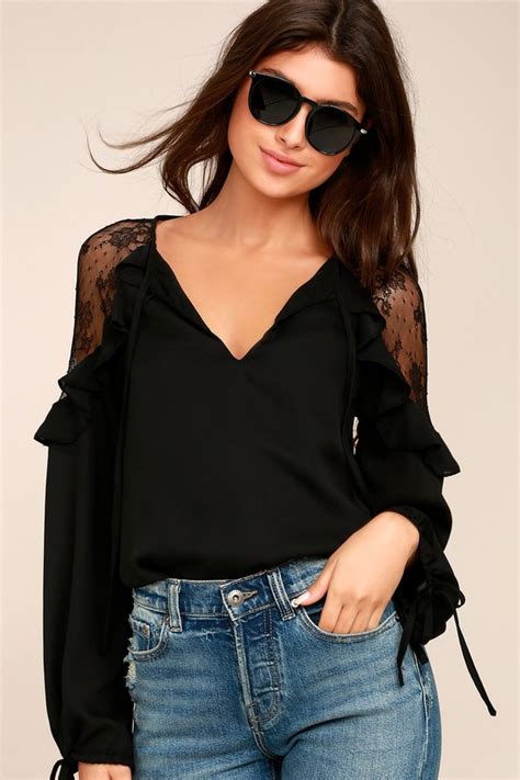 Chic Black Top Lace Top Long Sleeve Top Lulus