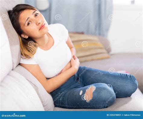 Latino Woman Experiencing Pain In The Stomach Stock Image Image Of