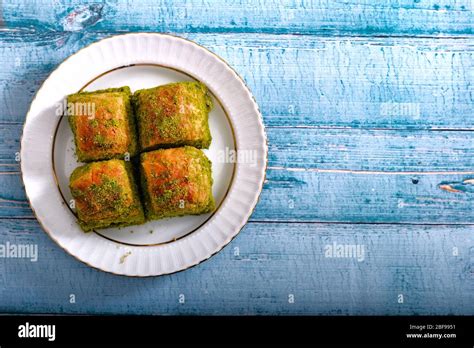 Turkish Dessert Baklava With Pistachio Fistikli Baklava Stock Photo