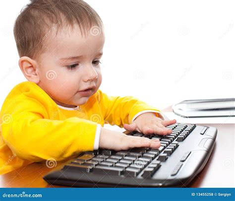Toddler Typing On The Keyboard Stock Photo Image Of Desktop Board