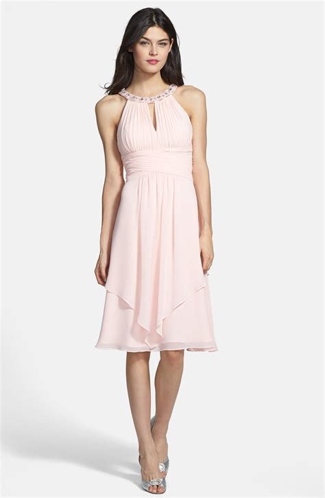 Eliza J Embellished Neck Layered Chiffon Fit Flare Dress In Pink Lyst