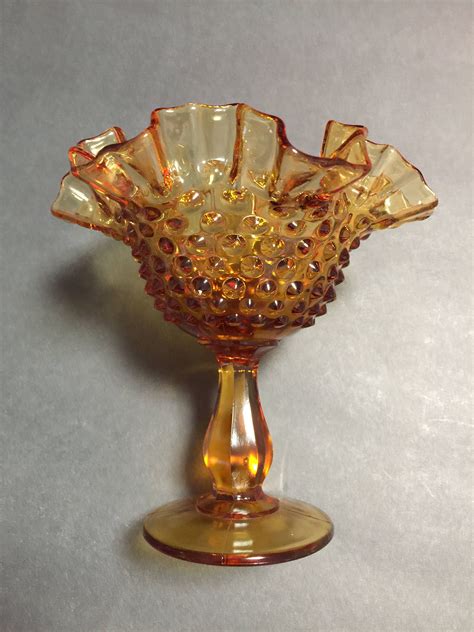 Amber Glass Hobnail Pedestal Dish Compote Etsy