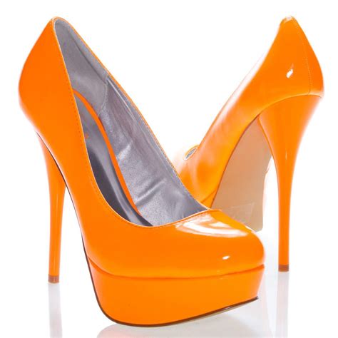 qupid neon orange shiny patent leather platform high heel stilettos pump heels stylish shoes