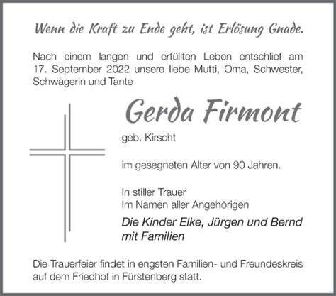 Traueranzeigen Von Gerda Firmont Märkische Onlinezeitung Trauerportal