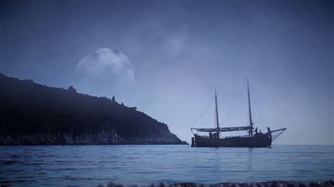 A Sailing Ship Sails Into A Wind Blown Fog Bank At Night Stock Video