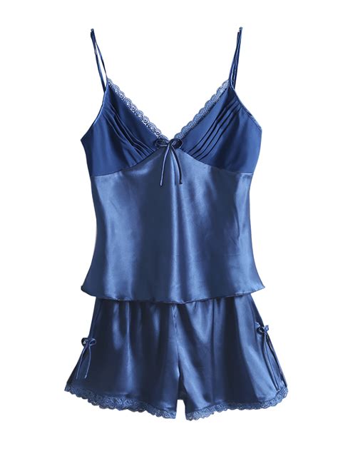Unique Bargains Women Lace Silk Satin Camisole Shorts Pajama Nightwear Sets Royal Blue Xxl