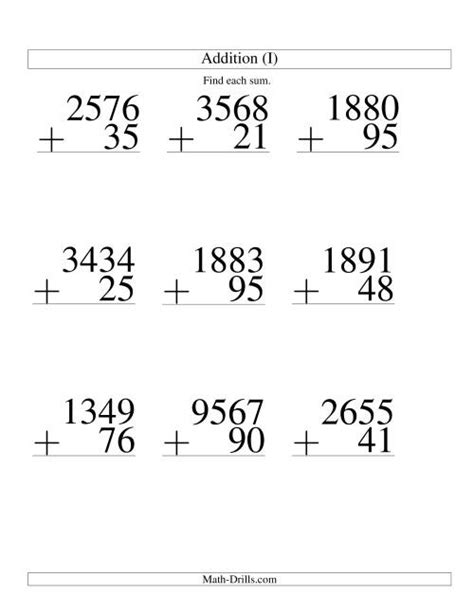 Four Digit Plus Two Digit Addition 9 Questions I