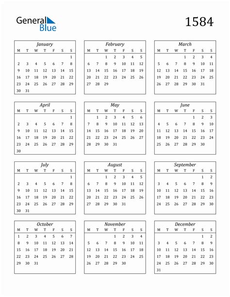 1584 Blank Yearly Calendar Printable