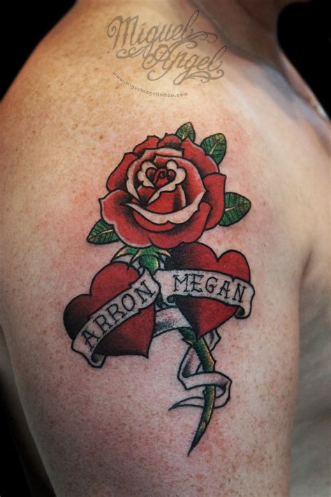 Making a tattoo is a very responsible decision in the life of those that want to have it. Old School rose and two hearths and names custom tattoo ...