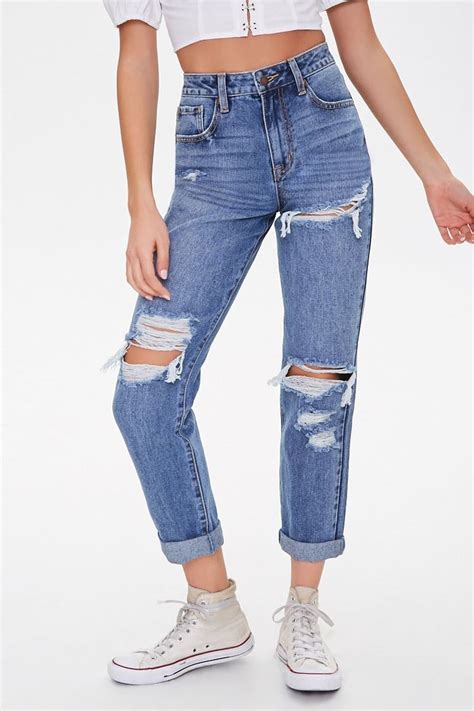 Distressed Boyfriend Jeans In 2020 Ripped Mom Jeans Boyfriend Jeans