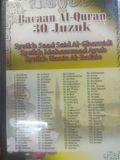 Senarai surah yang terkandung di dalam aplikasi ini : DVD Bacaan Al-Quran 30 Juzuk - Zalika