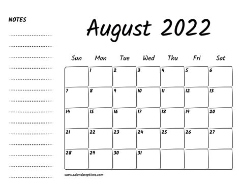 August 2022 Printable Calendar Calendar Options