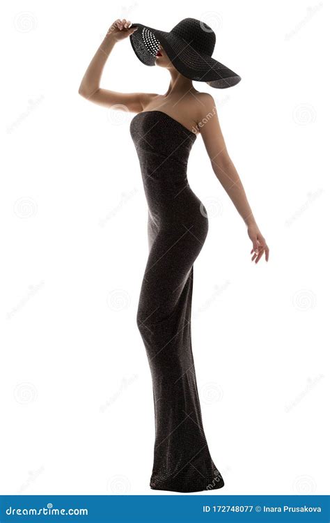 Fashion Model Long Dress Big Hat Elegant Woman In Black Gown Full