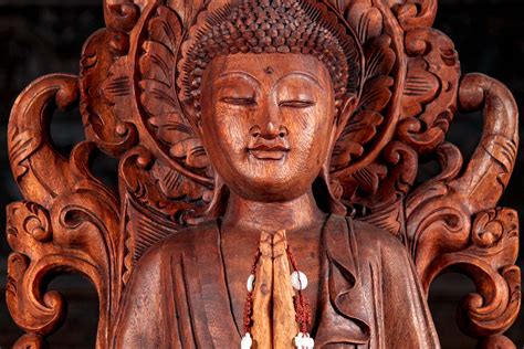 Hand Carved Suar Wood Standing Anjali Mudra Namaste Buddha Sculpture