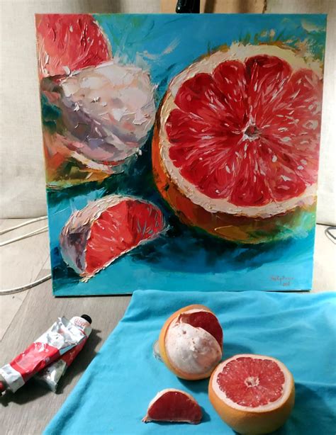Grapefruit Oil Painting Original Fruit Art Stretched Canvas Etsy
