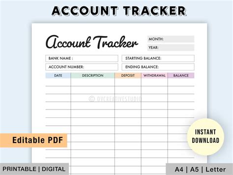 Editable Account Tracker Printable Account Log Bank Etsy Uk