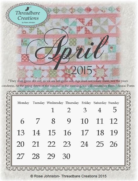 Free April 2015 Calendar Threadbare Creations