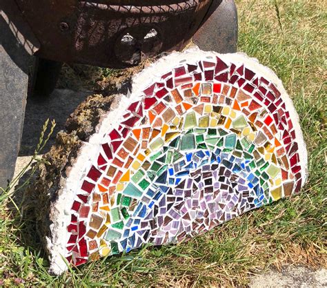 Rainbow Mosaic Summer Project Using Silicon Glue On Seasoned Log And Waterproof Grout Rainbow