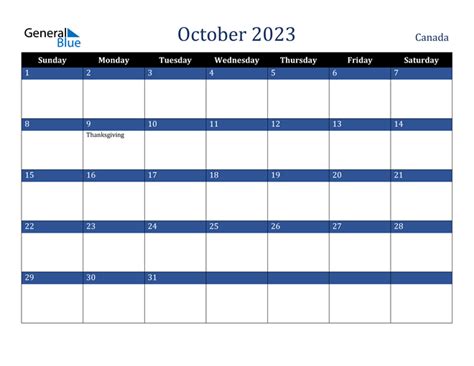 Canada October 2023 Calendar With Holidays