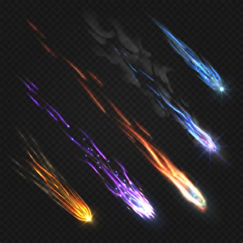 Meteors Comets And Fireballs With Fire Trails Isolated Vector Set By